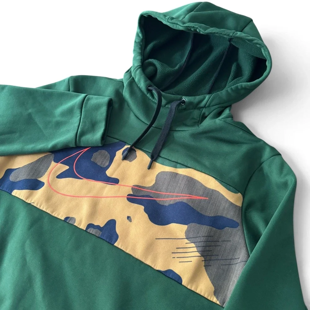 Nike DriFit Hoodie Men M Green Camo Print Performance Stretch Athletic Pullover